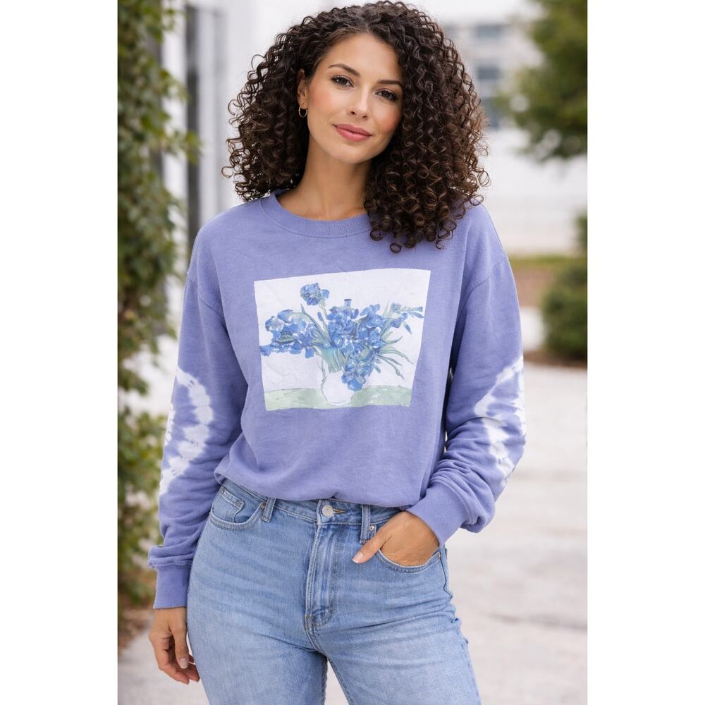 Mighty Fine Light Blue Van Gogh Irises Tie Dye Cropped Sweatshirt Size 1X